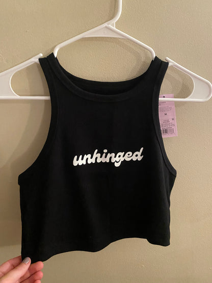 Unhinged Black Tank top, Size Medium Hot Cropped Tank Top, Graphic Tee, Graphic Tank, Lettered tshirt, Summer Crop Top