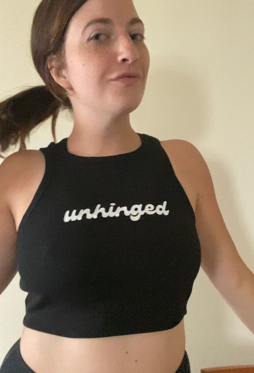 Unhinged Black Tank top, Size Medium Hot Cropped Tank Top, Graphic Tee, Graphic Tank, Lettered tshirt, Summer Crop Top